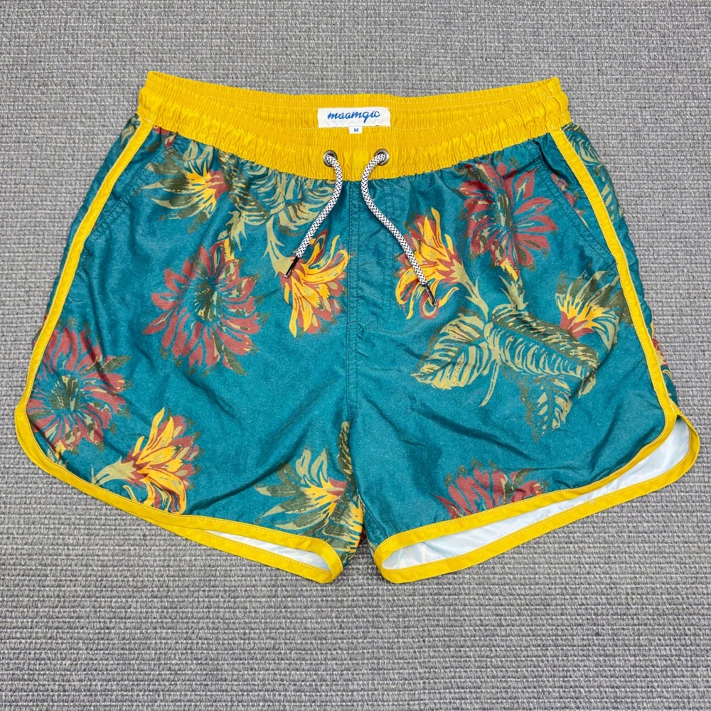 Maamgic Mens Teal Tropical Floral Swim Trunks Medium Yellow Trim 5 inch Inseam